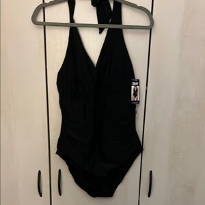 Dkny Black Bodysuit with Halter Neck and Plunging V-Neckline